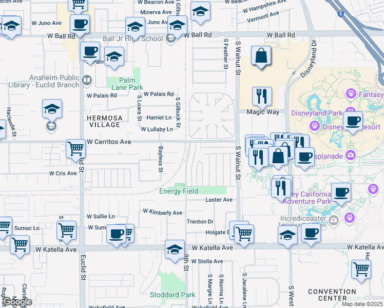 map of restaurants, bars, coffee shops, grocery stores, and more near 1513 South Hampstead Street in Anaheim