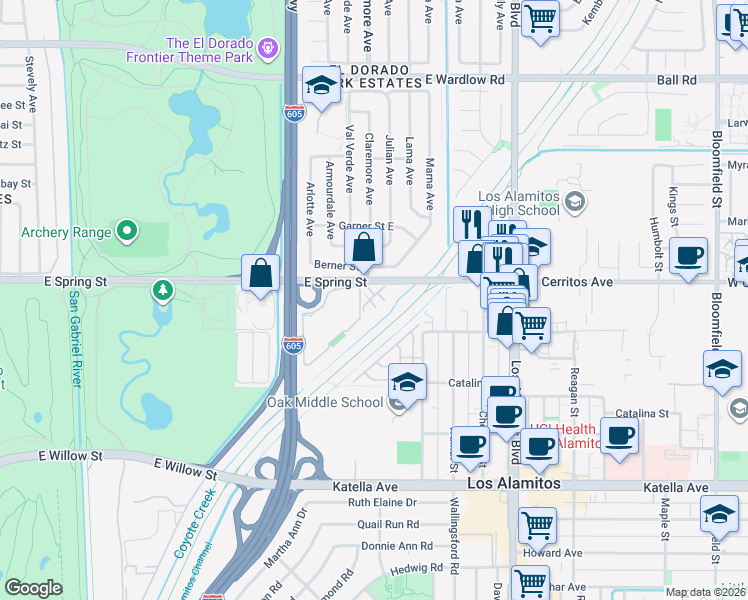 map of restaurants, bars, coffee shops, grocery stores, and more near 2912 Claremore Lane in Long Beach