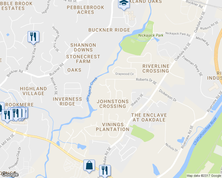 map of restaurants, bars, coffee shops, grocery stores, and more near 5859 Brookside Drive Southeast in Mableton