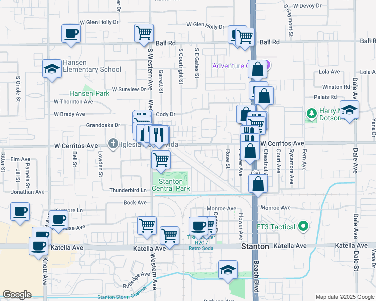 map of restaurants, bars, coffee shops, grocery stores, and more near 7654 West Cerritos Avenue in Stanton