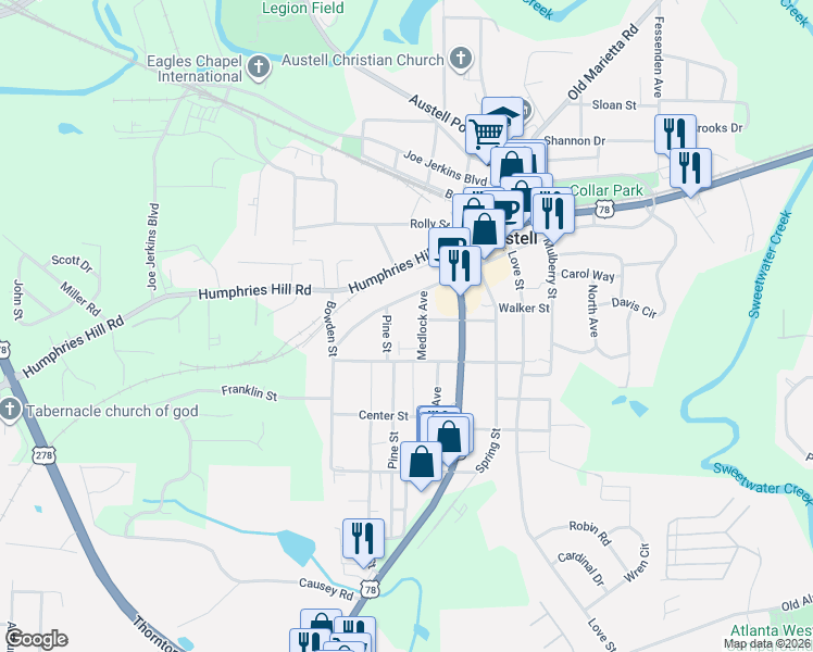 map of restaurants, bars, coffee shops, grocery stores, and more near 2953 Jefferson Street in Austell
