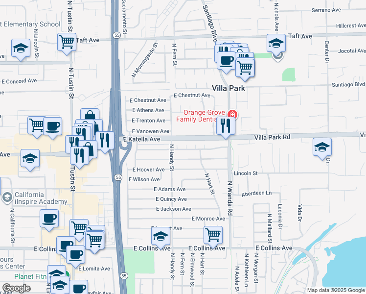 map of restaurants, bars, coffee shops, grocery stores, and more near 1306 North Wyeth Circle in Orange