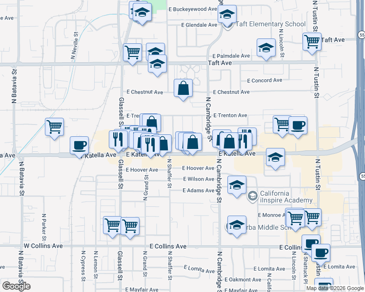 map of restaurants, bars, coffee shops, grocery stores, and more near 501 East Katella Avenue in Orange