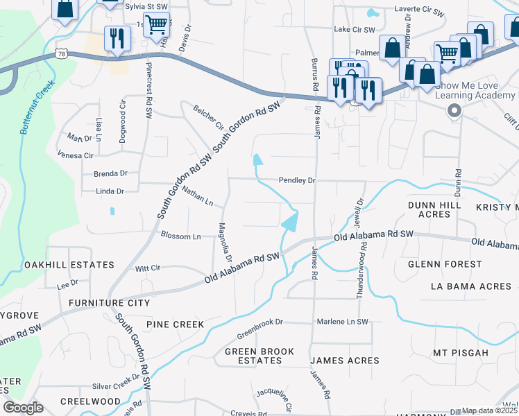 map of restaurants, bars, coffee shops, grocery stores, and more near 1617 Pine Circle in Austell
