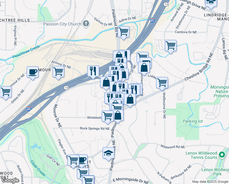 map of restaurants, bars, coffee shops, grocery stores, and more near 1931 Piedmont Circle Northeast in Atlanta