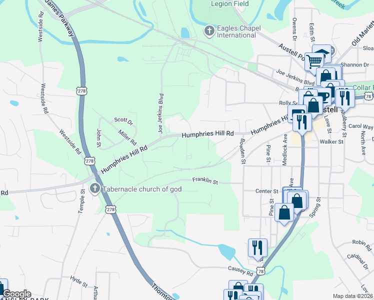 map of restaurants, bars, coffee shops, grocery stores, and more near 5943 Peco Lane in Austell