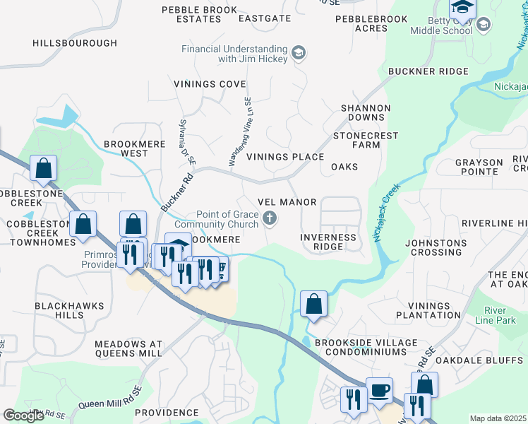 map of restaurants, bars, coffee shops, grocery stores, and more near 5901 Community Road Southeast in Mableton