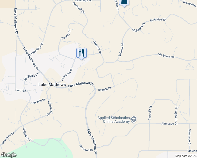 map of restaurants, bars, coffee shops, grocery stores, and more near 21880 Lake Mathews Drive in Perris