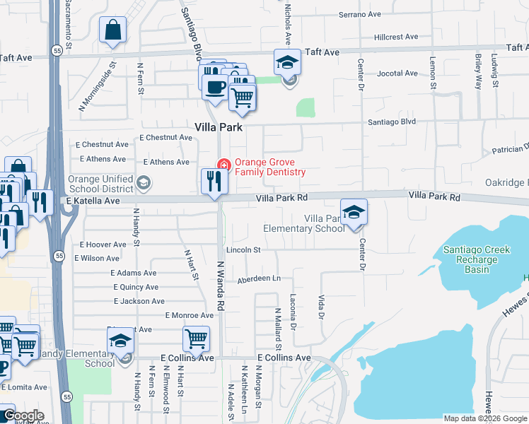 map of restaurants, bars, coffee shops, grocery stores, and more near 10476 Fredrick Drive in Villa Park