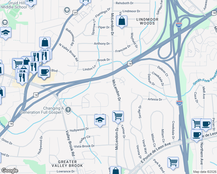 map of restaurants, bars, coffee shops, grocery stores, and more near 3119 Brick Lane in Decatur