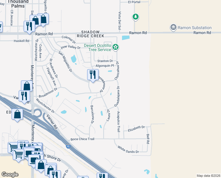 map of restaurants, bars, coffee shops, grocery stores, and more near 32880 Barcelona Drive in Thousand Palms