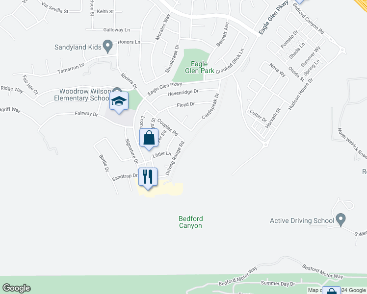 map of restaurants, bars, coffee shops, grocery stores, and more near 1861 Couples Road in Corona