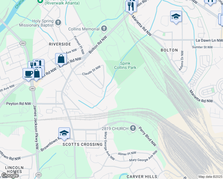 map of restaurants, bars, coffee shops, grocery stores, and more near 1925 Brantley Walk Lane in Atlanta