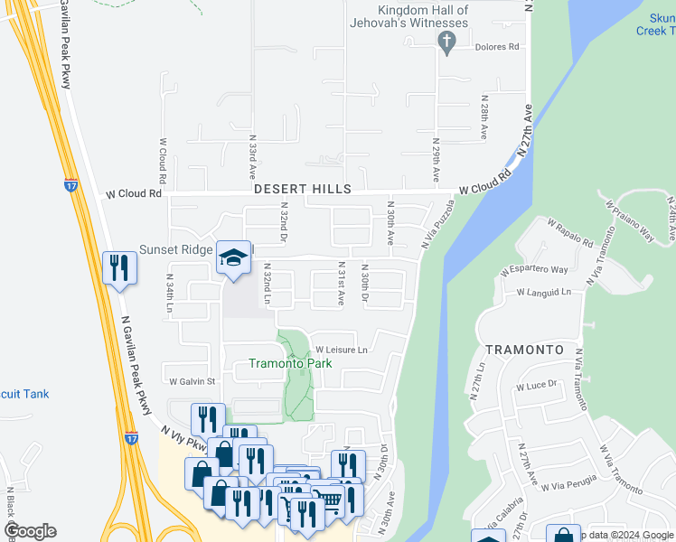 map of restaurants, bars, coffee shops, grocery stores, and more near 3106 West Espartero Way in Phoenix
