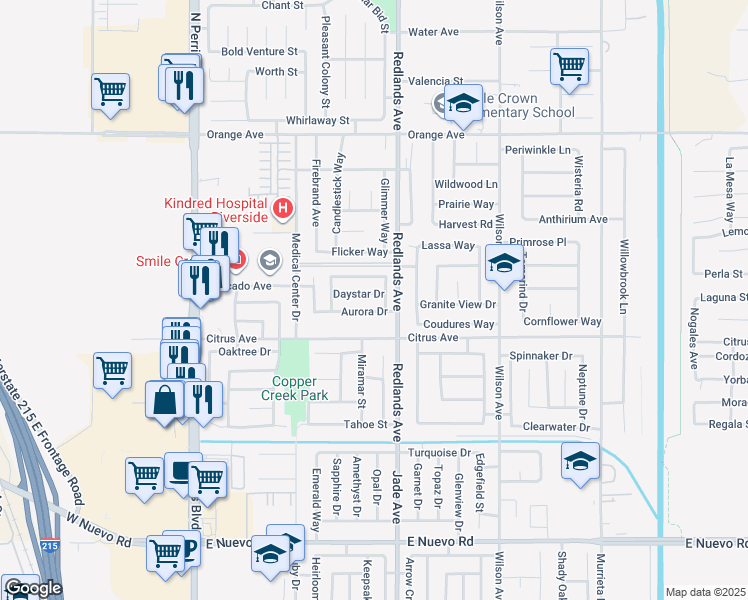 map of restaurants, bars, coffee shops, grocery stores, and more near 357 Daystar Drive in Perris