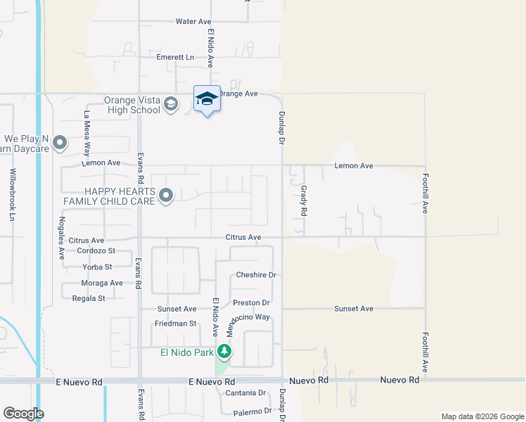 map of restaurants, bars, coffee shops, grocery stores, and more near 2042 Giovanna Street in Perris