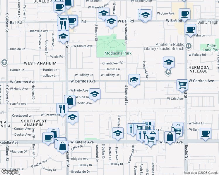 map of restaurants, bars, coffee shops, grocery stores, and more near 1936 West Harle Avenue in Anaheim