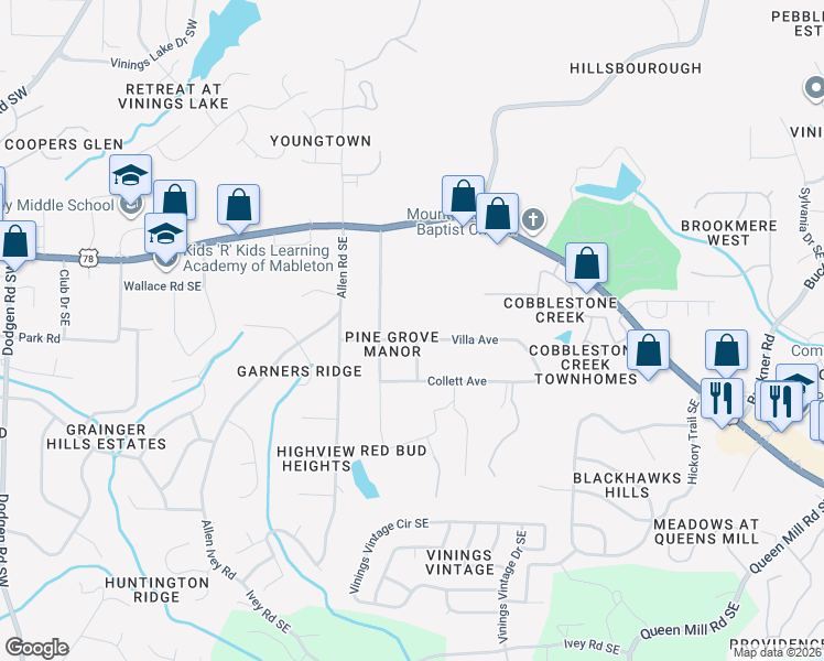 map of restaurants, bars, coffee shops, grocery stores, and more near 389 Villa Avenue Southeast in Mableton