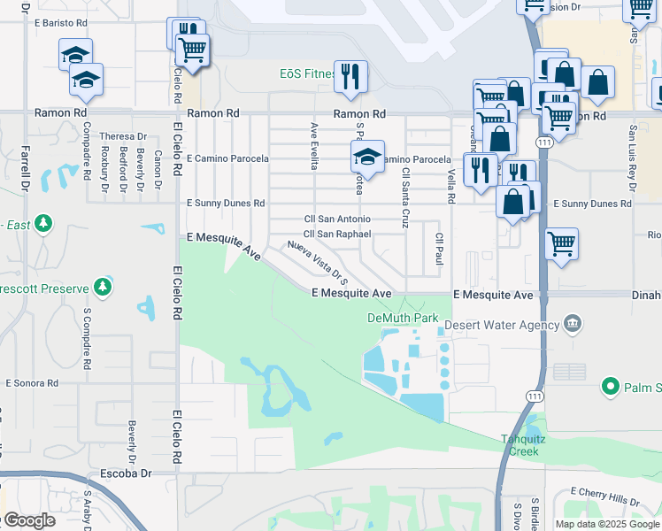 map of restaurants, bars, coffee shops, grocery stores, and more near 892 Nueva Vista Drive South in Palm Springs