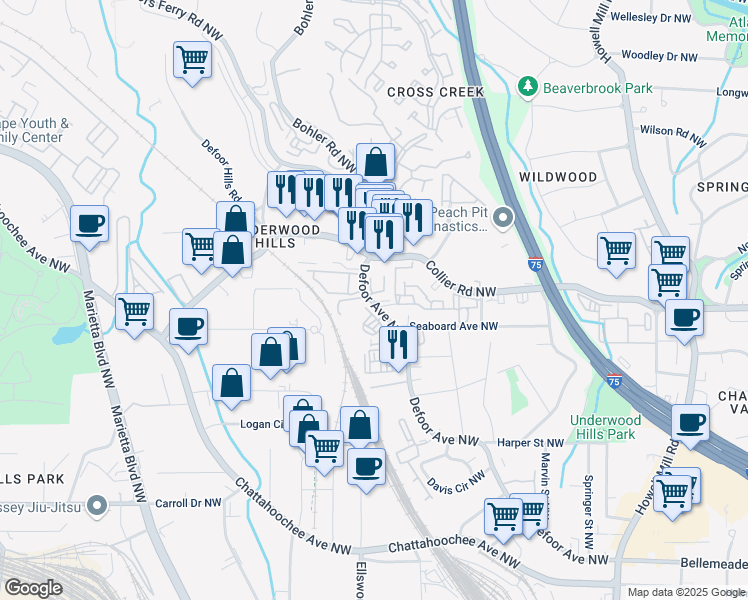 map of restaurants, bars, coffee shops, grocery stores, and more near 2003 Defoor Avenue Northwest in Atlanta