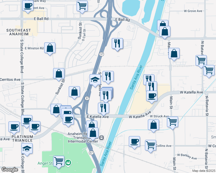 map of restaurants, bars, coffee shops, grocery stores, and more near 1600 South Douglass Road in Anaheim