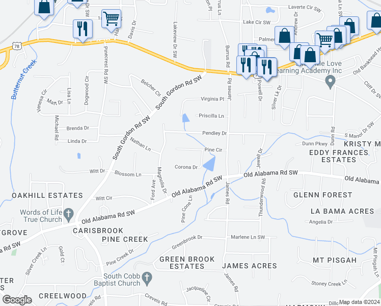 map of restaurants, bars, coffee shops, grocery stores, and more near 1607 Pine Circle in Austell