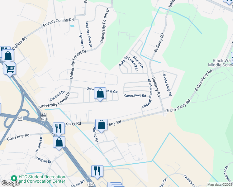 map of restaurants, bars, coffee shops, grocery stores, and more near 757 University Forest Circle in Conway