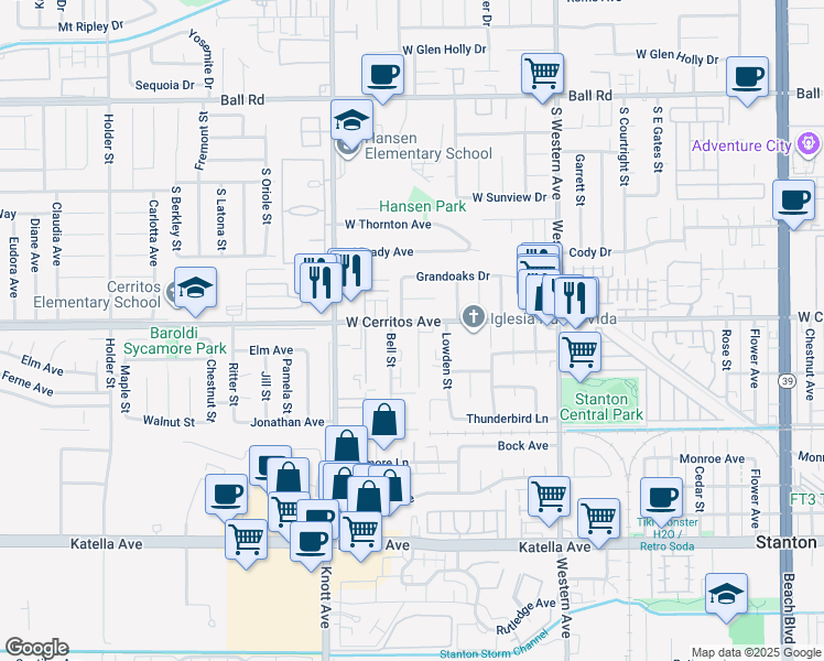 map of restaurants, bars, coffee shops, grocery stores, and more near 7160 Cerritos Avenue in Stanton