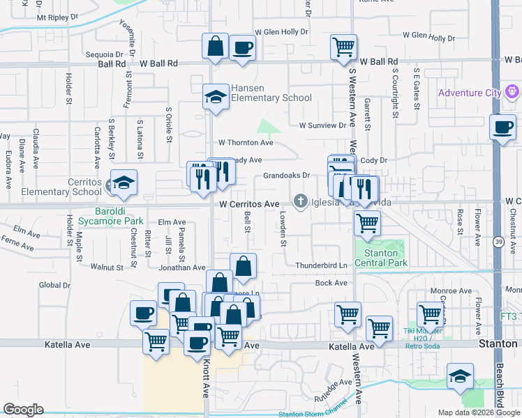 map of restaurants, bars, coffee shops, grocery stores, and more near 7160 Cerritos Avenue in Stanton
