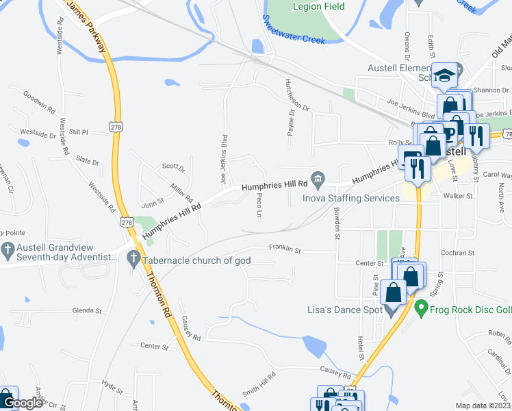 map of restaurants, bars, coffee shops, grocery stores, and more near 5940 Peco Lane in Austell