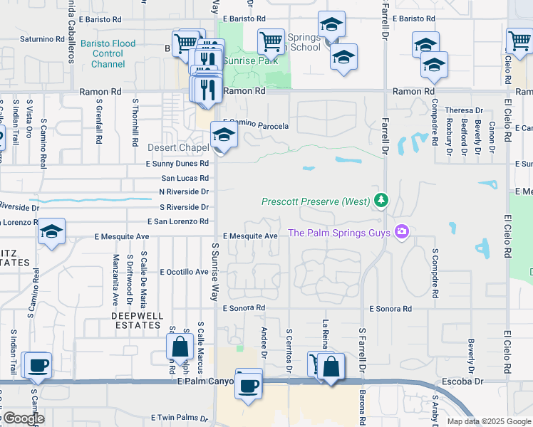 map of restaurants, bars, coffee shops, grocery stores, and more near 900 Saint Bimini Circle in Palm Springs