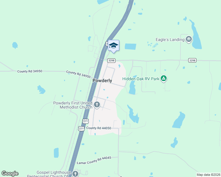 map of restaurants, bars, coffee shops, grocery stores, and more near 228 County Road 44080 in Powderly