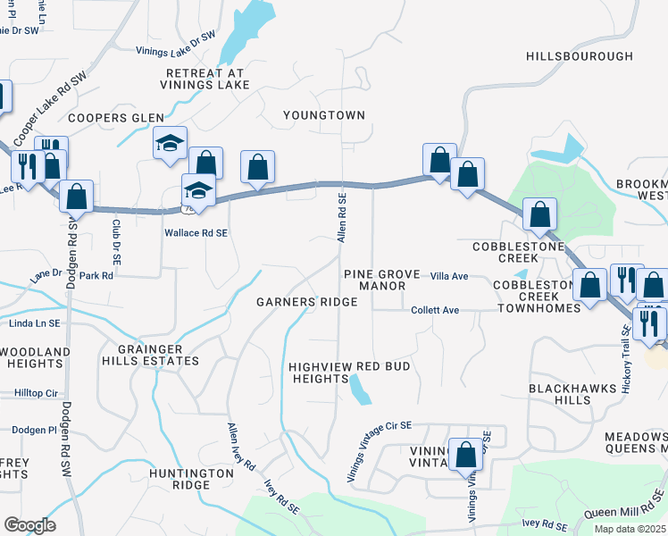map of restaurants, bars, coffee shops, grocery stores, and more near 5910 Highview Drive Southeast in Mableton