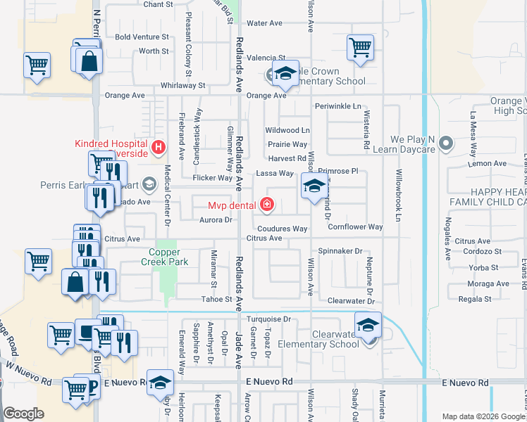 map of restaurants, bars, coffee shops, grocery stores, and more near 466 Granite View Drive in Perris