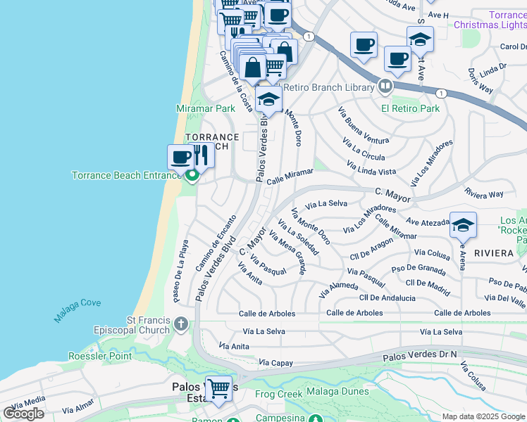 map of restaurants, bars, coffee shops, grocery stores, and more near 433 Camino de las Colinas in Redondo Beach