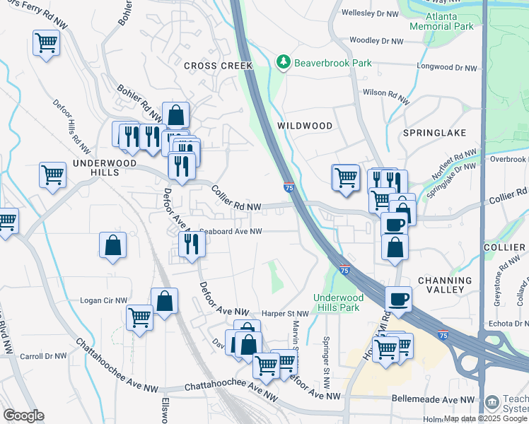 map of restaurants, bars, coffee shops, grocery stores, and more near 1026 Collier Road Northwest in Atlanta