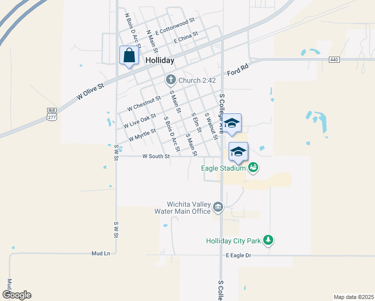 map of restaurants, bars, coffee shops, grocery stores, and more near West Sycamore Street in Holliday