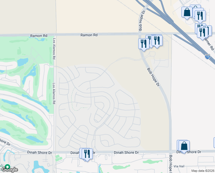 map of restaurants, bars, coffee shops, grocery stores, and more near Del Webb Way in Rancho Mirage