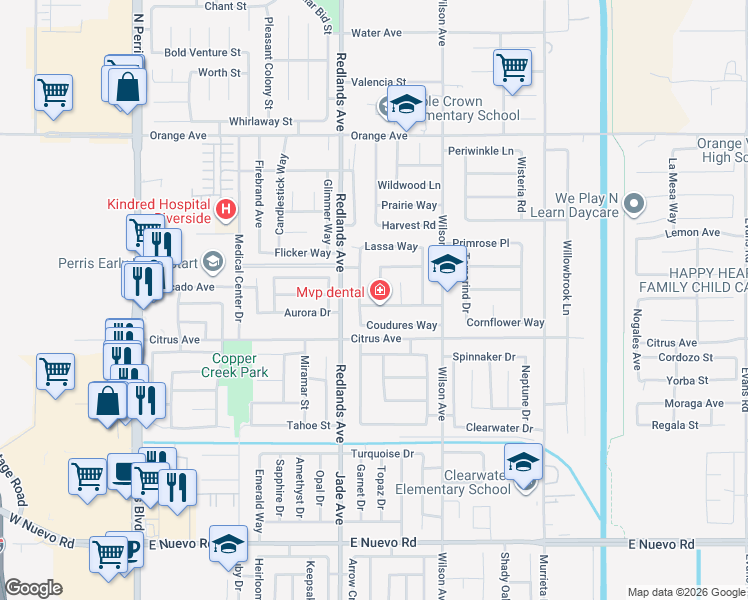 map of restaurants, bars, coffee shops, grocery stores, and more near 466 Granite View Drive in Perris