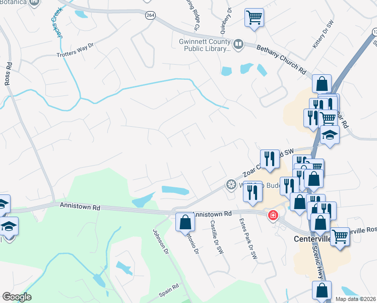 map of restaurants, bars, coffee shops, grocery stores, and more near 3177 Taffy Lane in Snellville
