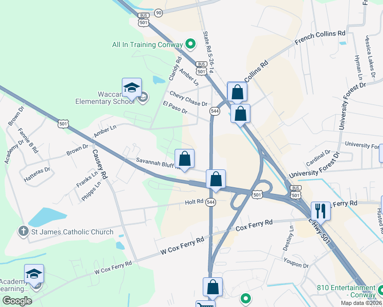 map of restaurants, bars, coffee shops, grocery stores, and more near 290 South Carolina 544 in Conway