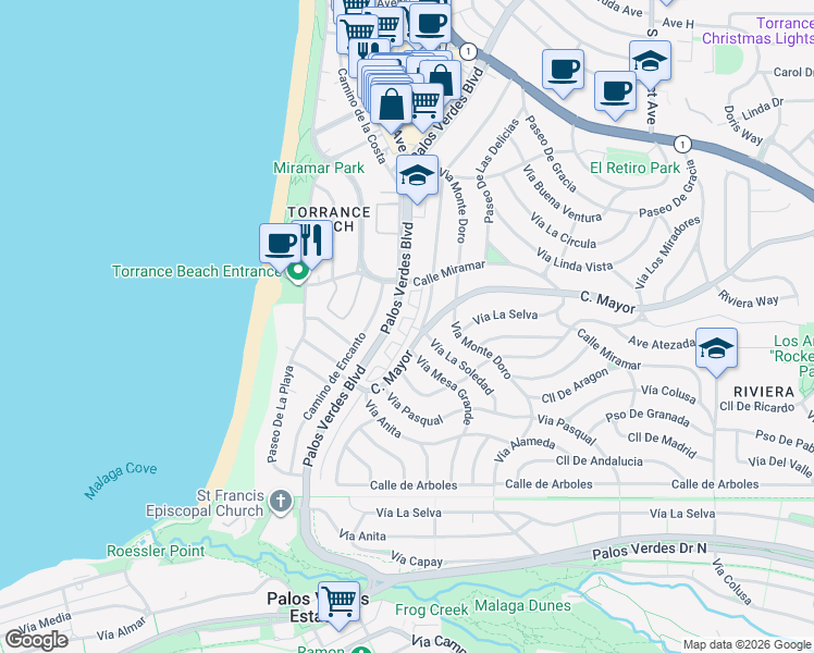 map of restaurants, bars, coffee shops, grocery stores, and more near 408 Palos Verdes Boulevard in Redondo Beach