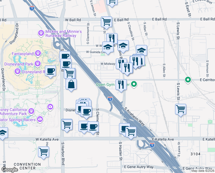 map of restaurants, bars, coffee shops, grocery stores, and more near 1715 West Cara Drive in Anaheim