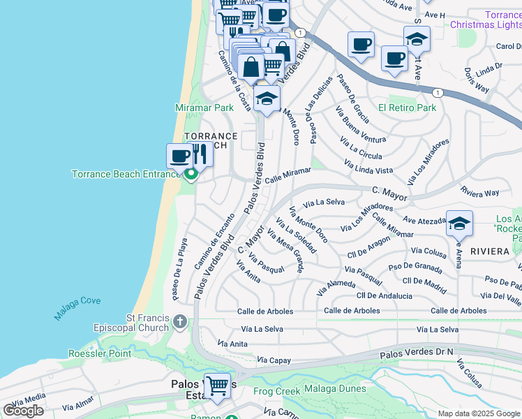 map of restaurants, bars, coffee shops, grocery stores, and more near 435 Camino de las Colinas in Redondo Beach