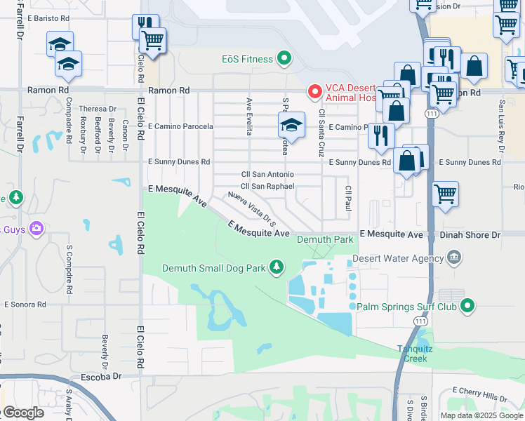 map of restaurants, bars, coffee shops, grocery stores, and more near 892 Nueva Vista Drive South in Palm Springs