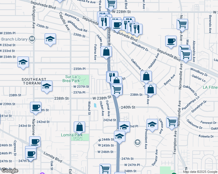 map of restaurants, bars, coffee shops, grocery stores, and more near 23701 South Western Avenue in Torrance