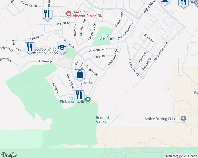 map of restaurants, bars, coffee shops, grocery stores, and more near 1861 Couples Road in Corona