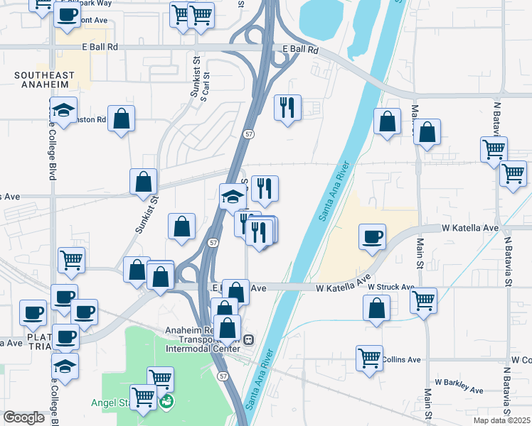 map of restaurants, bars, coffee shops, grocery stores, and more near 1600 South Douglass Road in Anaheim