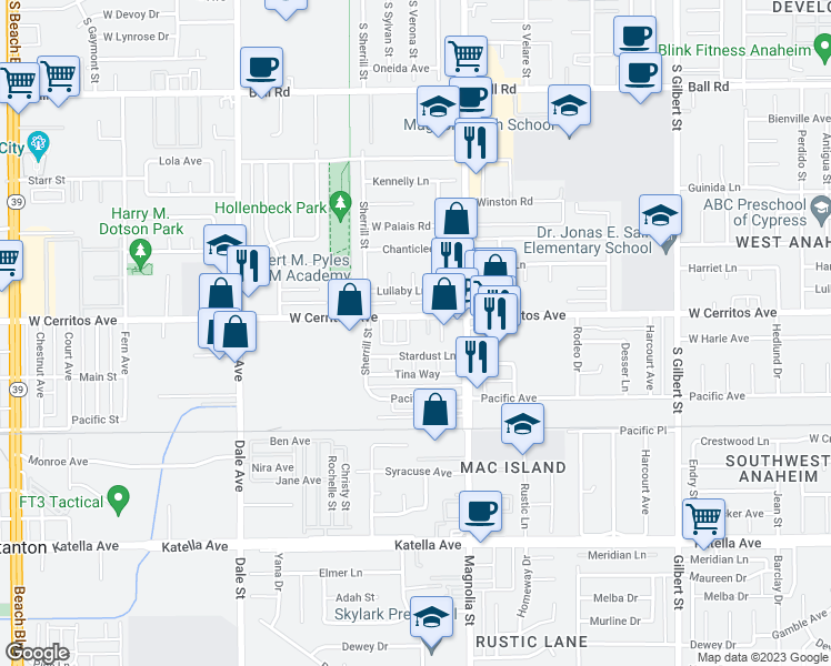 map of restaurants, bars, coffee shops, grocery stores, and more near 8860 West Cerritos Avenue in Anaheim