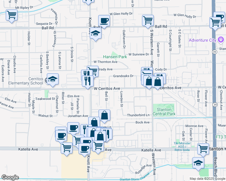 map of restaurants, bars, coffee shops, grocery stores, and more near 7150 West Cerritos Avenue in Stanton
